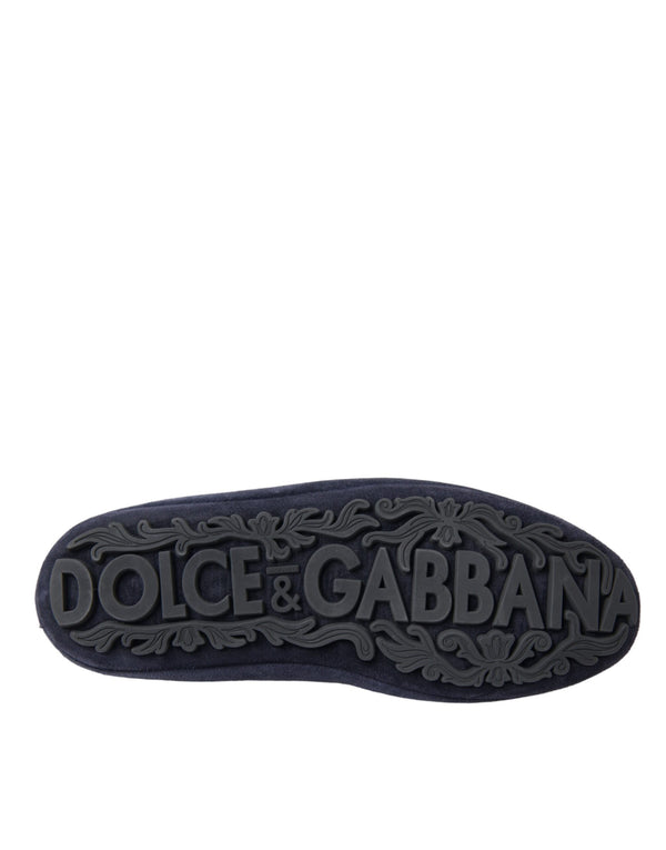 Blaue Leder Wildleder Crystal Crown Loafers Schuhe