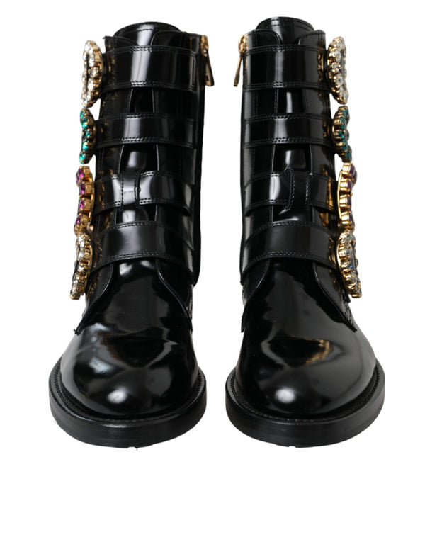 Schwarz Leder Kristall Schnallen Stiefel Schuhe