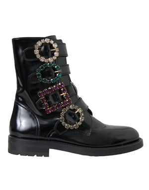 Schwarz Leder Kristall Schnallen Stiefel Schuhe