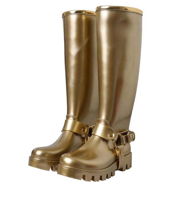 Metallic Gold Gummi PVC Regen Stiefel Schuhe