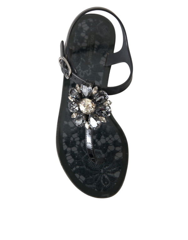 Schwarz Kristall Flats Sandalen Flip Flops Schuhe