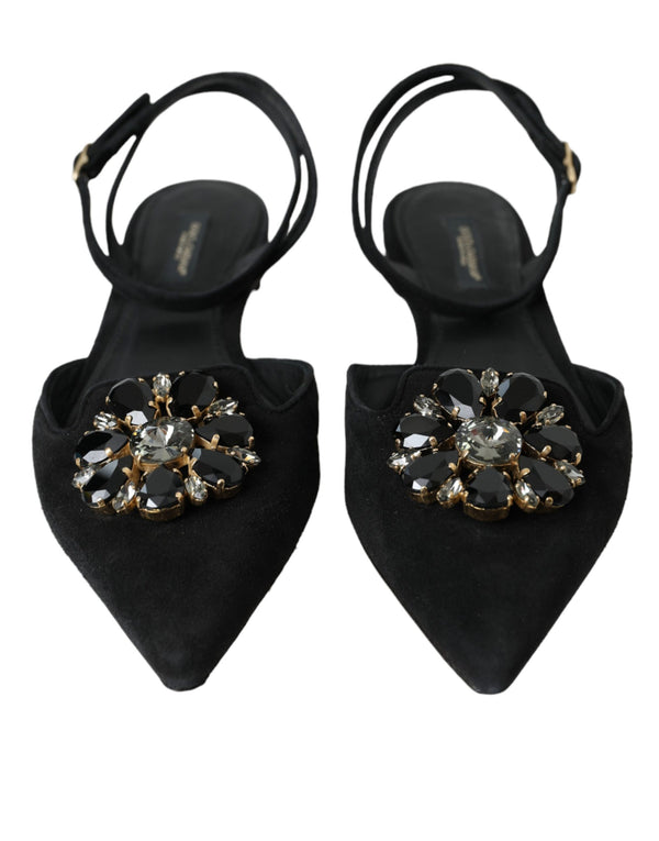 Schwarzes Leder Kristall Slingback Sandalen Schuhe
