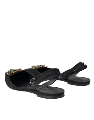 Schwarzes Leder Kristall Slingback Sandalen Schuhe