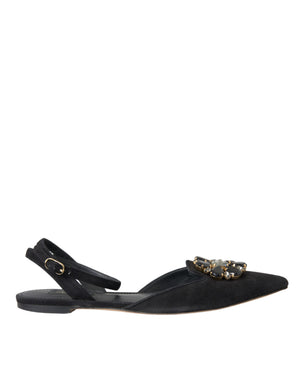 Schwarzes Leder Kristall Slingback Sandalen Schuhe