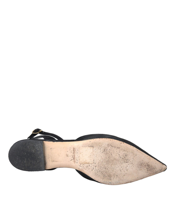 Schwarzes Leder Kristall Slingback Sandalen Schuhe