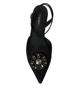 Schwarzes Leder Kristall Slingback Sandalen Schuhe