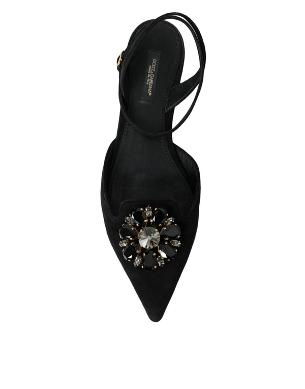 Schwarzes Leder Kristall Slingback Sandalen Schuhe