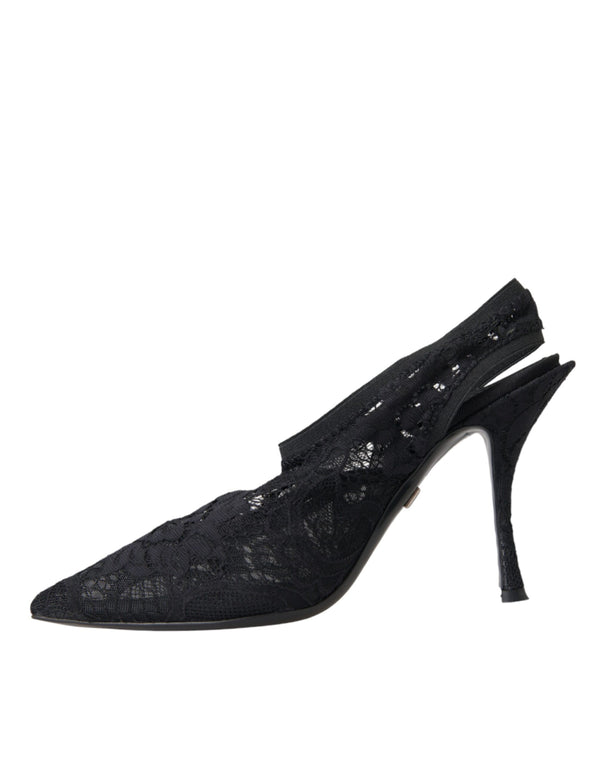 Schwarze Spitze Stretch Heels Slingbacks Schuhe