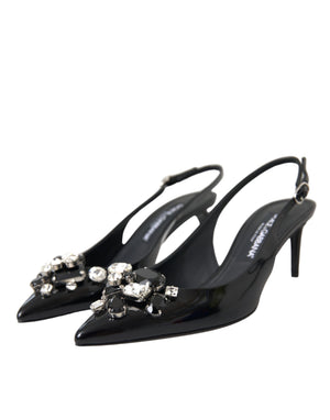 Schwarzes Lackleder Kristall Slingback Schuhe
