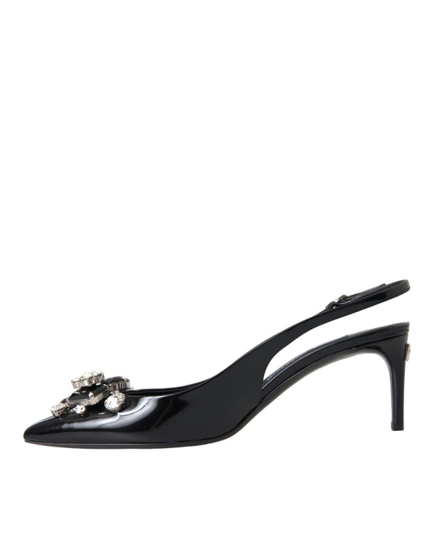 Schwarzes Lackleder Kristall Slingback Schuhe