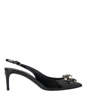 Schwarzes Lackleder Kristall Slingback Schuhe