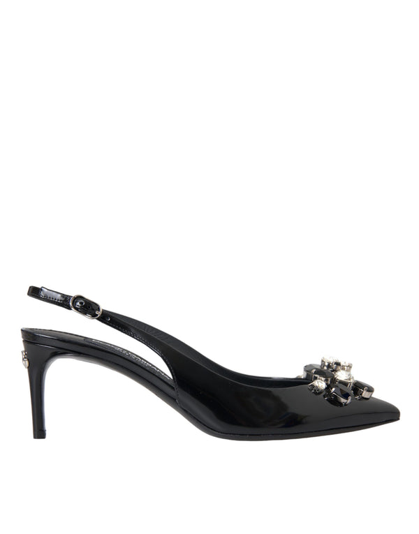 Schwarzes Lackleder Kristall Slingback Schuhe