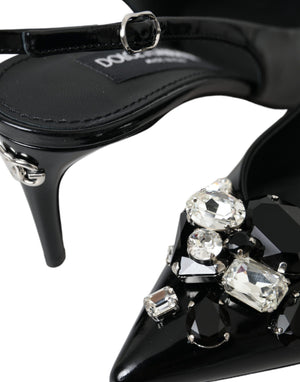 Schwarzes Lackleder Kristall Slingback Schuhe