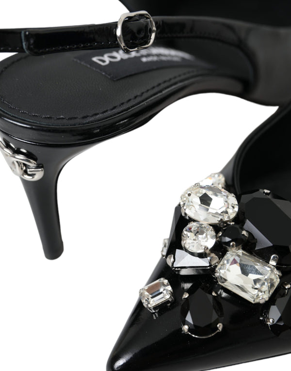 Schwarzes Lackleder Kristall Slingback Schuhe