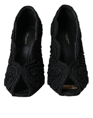 Schwarze Cordonetto Ricamo Pumps Offene Zehen Schuhe