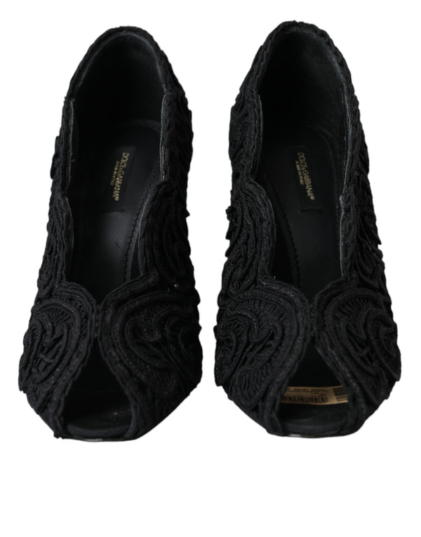 Schwarze Cordonetto Ricamo Pumps Offene Zehen Schuhe