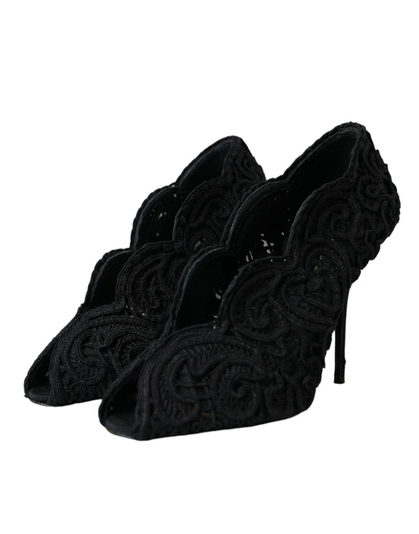 Schwarze Cordonetto Ricamo Pumps Offene Zehen Schuhe