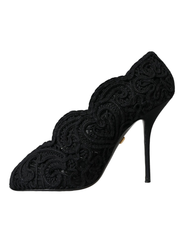 Schwarze Cordonetto Ricamo Pumps Offene Zehen Schuhe