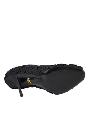 Schwarze Cordonetto Ricamo Pumps Offene Zehen Schuhe