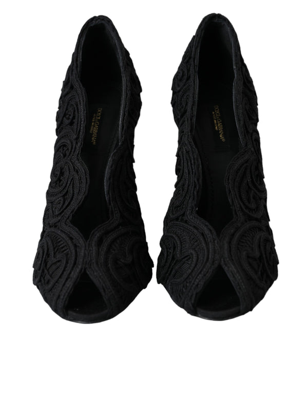 Schwarze Cordonetto Ricamo Pumps Offene Zehen Schuhe