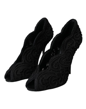 Schwarze Cordonetto Ricamo Pumps Offene Zehen Schuhe