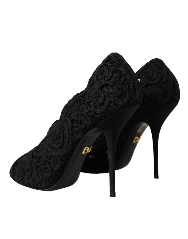 Schwarze Cordonetto Ricamo Pumps Offene Zehen Schuhe