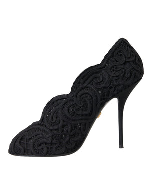 Schwarze Cordonetto Ricamo Pumps Offene Zehen Schuhe