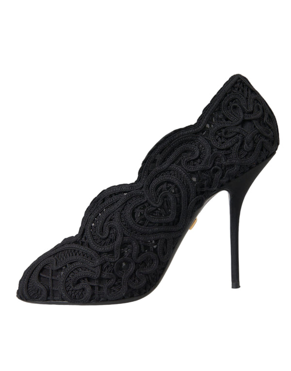 Schwarze Cordonetto Ricamo Pumps Offene Zehen Schuhe