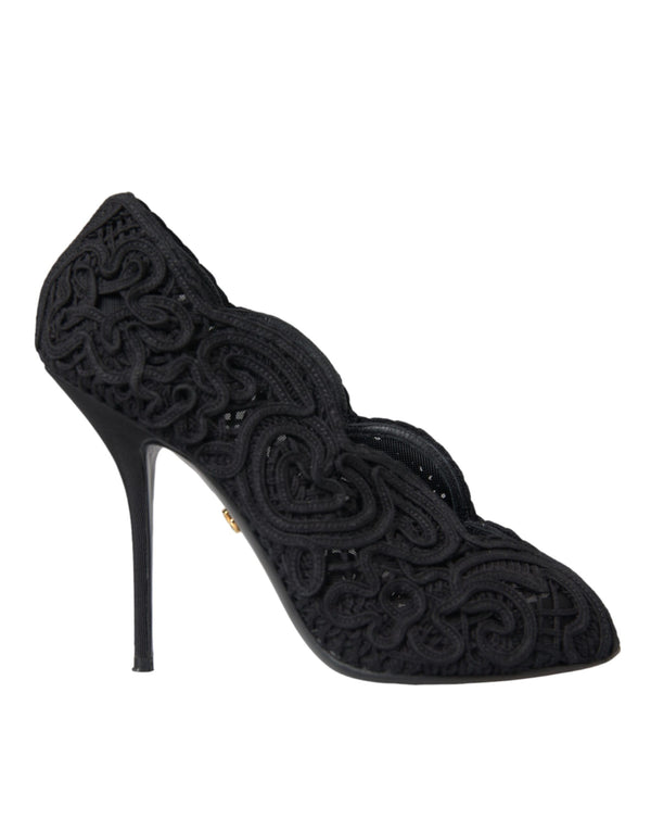 Schwarze Cordonetto Ricamo Pumps Offene Zehen Schuhe