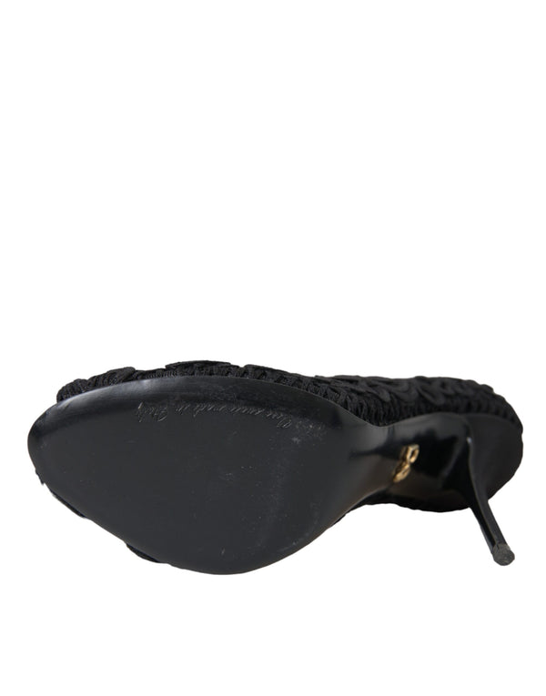 Schwarze Cordonetto Ricamo Pumps Offene Zehen Schuhe