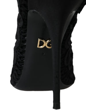 Schwarze Cordonetto Ricamo Pumps Offene Zehen Schuhe