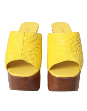 Gelbe Leder Holz Pantoffel Keil Rutschen Schuhe