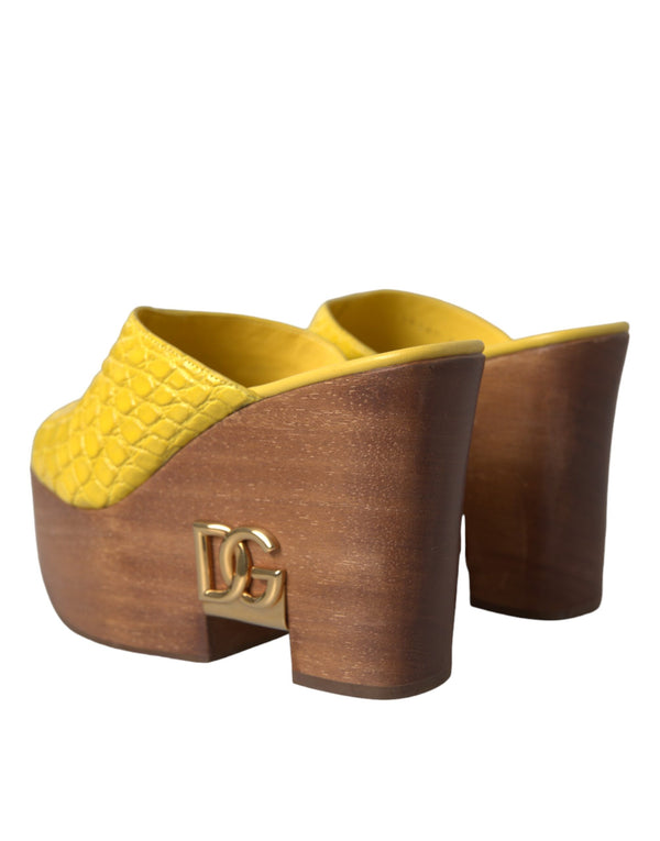 Gelbe Leder Holz Pantoffel Keil Rutschen Schuhe