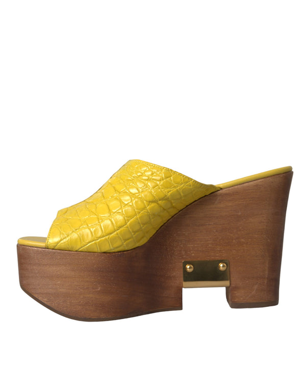 Gelbe Leder Holz Pantoffel Keil Rutschen Schuhe