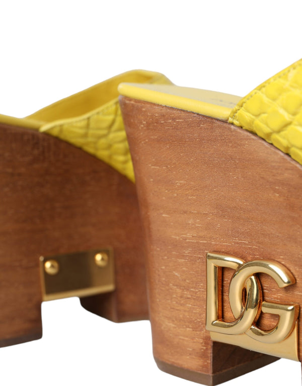Gelbe Leder Holz Pantoffel Keil Rutschen Schuhe
