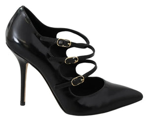 Schwarz Leder Knöchelriemen Heels Pumps Schuhe