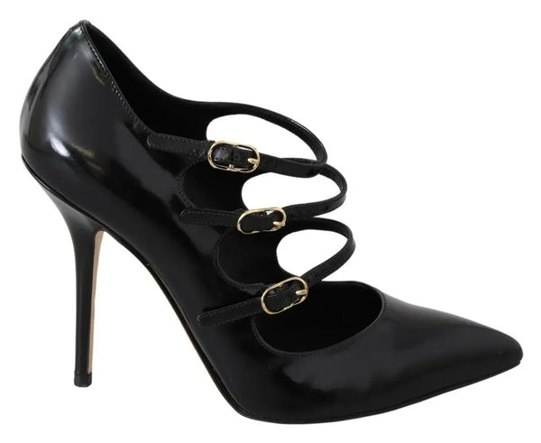 Schwarz Leder Knöchelriemen Heels Pumps Schuhe