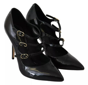 Schwarz Leder Knöchelriemen Heels Pumps Schuhe