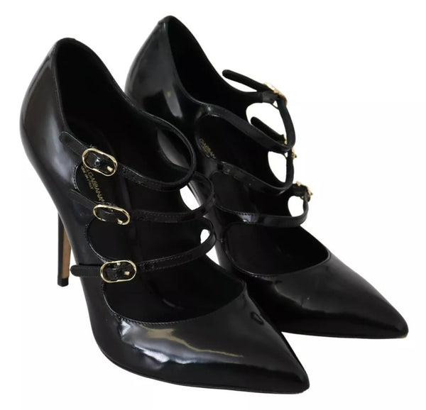 Schwarz Leder Knöchelriemen Heels Pumps Schuhe