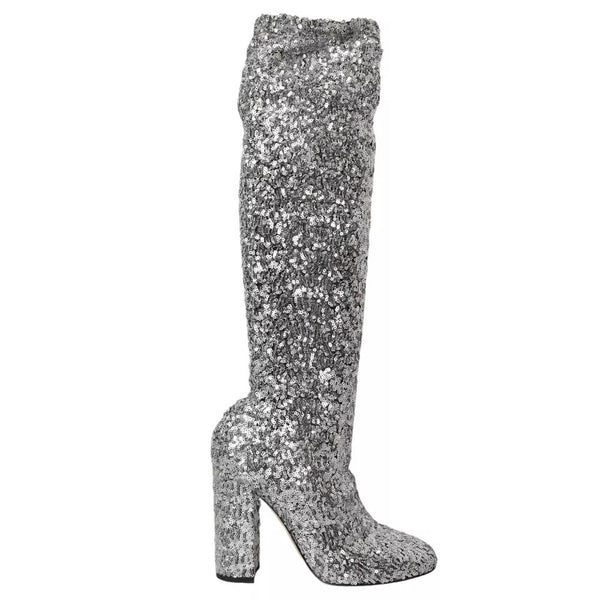Silberne paillettenbesetzte hohe Stiefel Stretch Schuhe