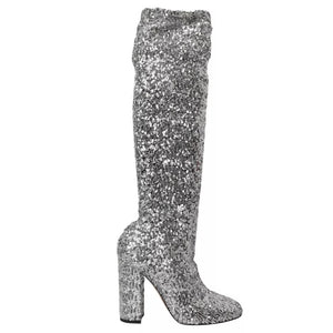 Silberne paillettenbesetzte hohe Stiefel Stretch Schuhe