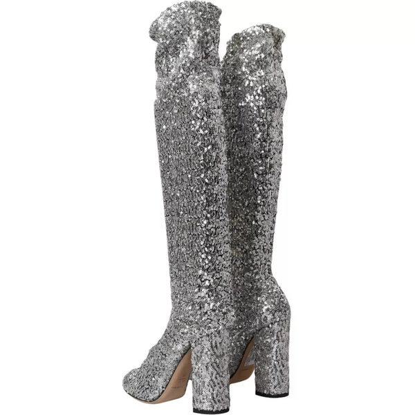 Silberne paillettenbesetzte hohe Stiefel Stretch Schuhe