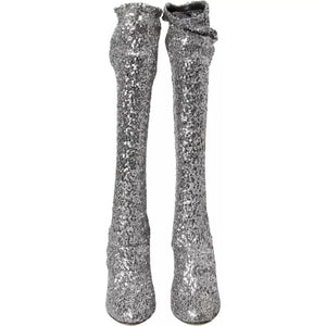 Silberne paillettenbesetzte hohe Stiefel Stretch Schuhe