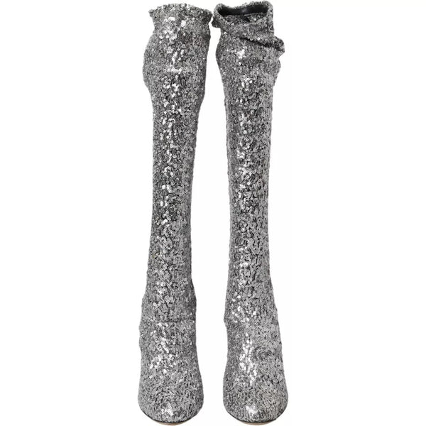 Silberne paillettenbesetzte hohe Stiefel Stretch Schuhe