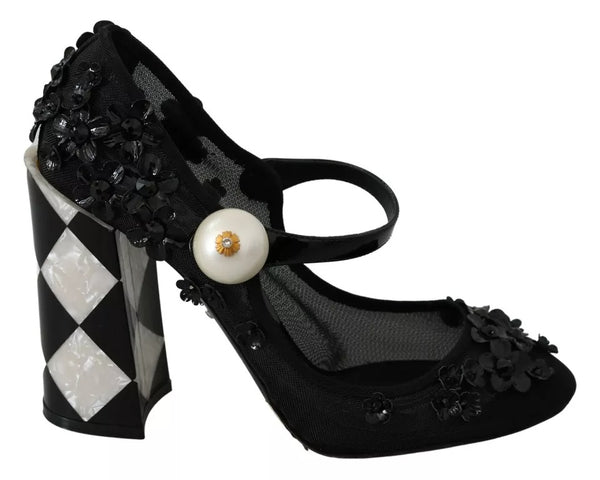 Schwarz Floral Embellish Heels Mary Janes Pumps Schuhe