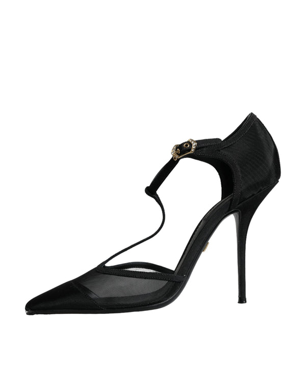 Schwarz Mesh T-strap Stiletto High Heels Schuhe