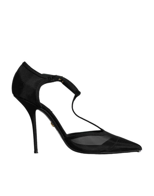 Schwarz Mesh T-strap Stiletto High Heels Schuhe