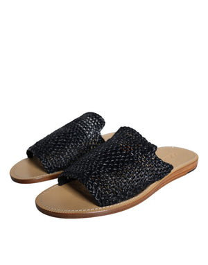 Schwarz Monochrome geflochtene Raffia Slides Schuhe
