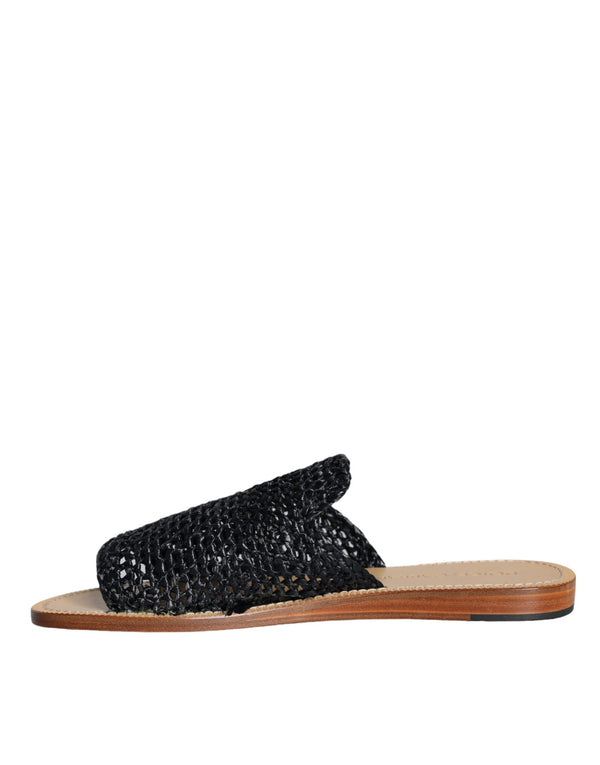 Schwarz Monochrome geflochtene Raffia Slides Schuhe