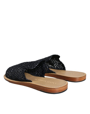 Schwarz Monochrome geflochtene Raffia Slides Schuhe
